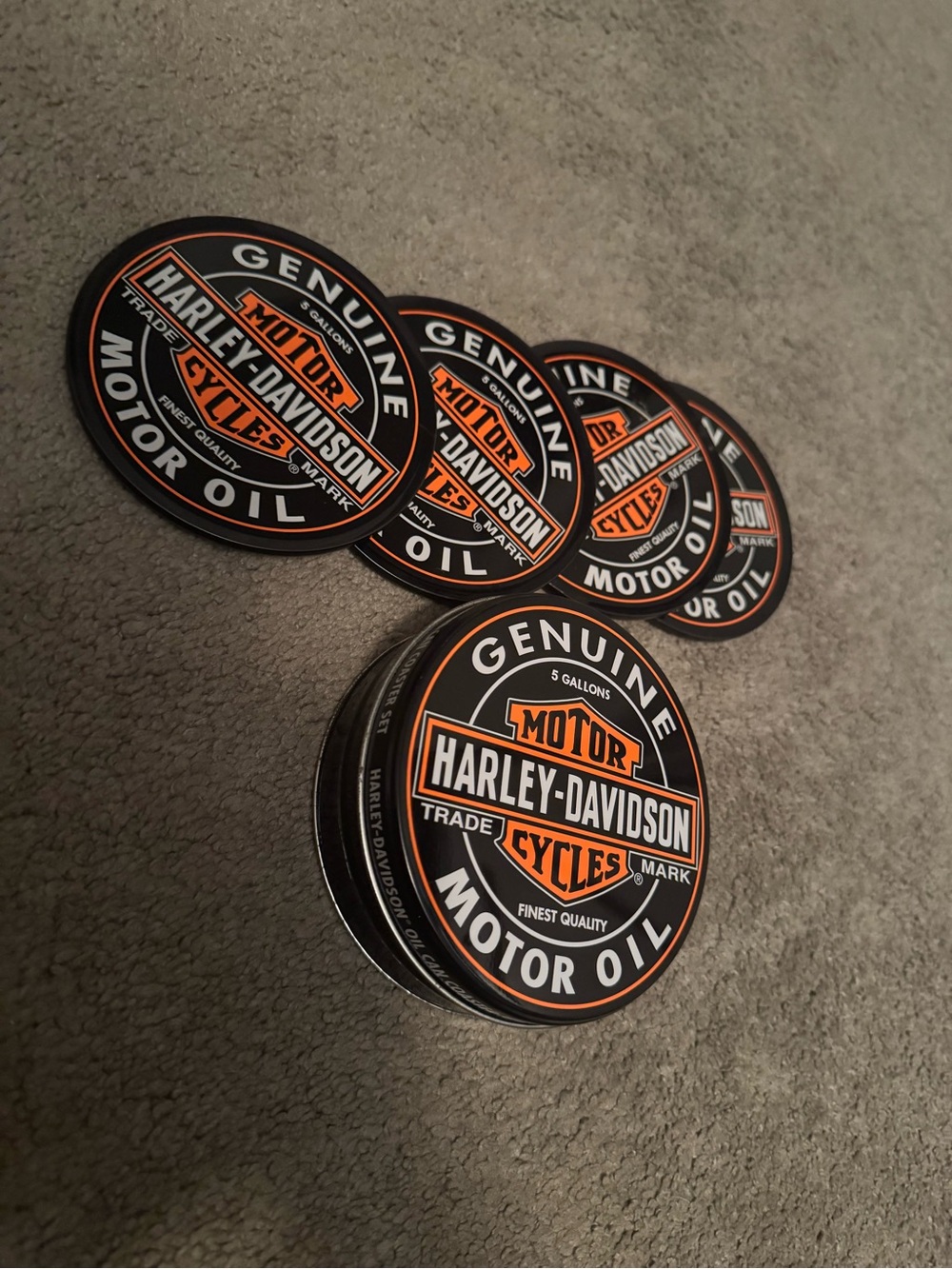 Harley-Davidson Black and Orange Motor Oil Tin Coaster Set